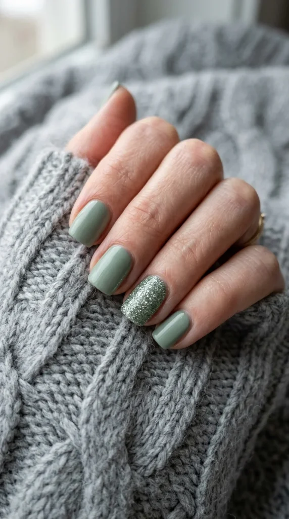 34 Short Fall Nail Designs That Look Cute, Cozy, and Easy to Wear 30 Sage Green Sparkle Accent Nails