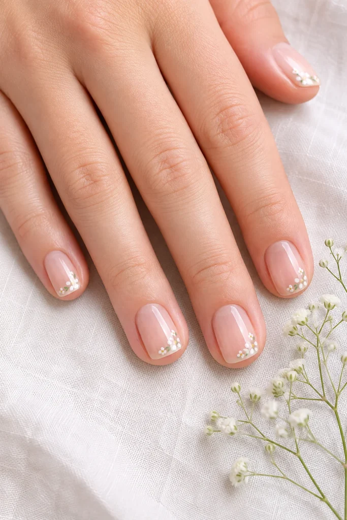 33 Cute Short Spring Nail Designs for Fresh Pretty Nails 7 Sheer Nude Nails with Floral Corners