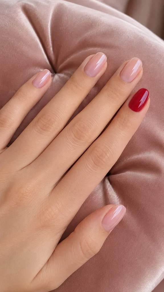 31 Red and Pink Nail Looks That Are Bold, Sweet & Gorgeous 5 Sheer Pink Nails With One Red Accent Nail