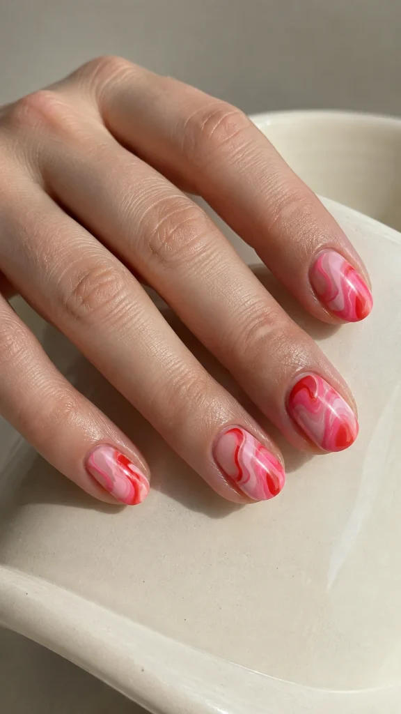 31 Red and Pink Nail Looks That Are Bold, Sweet & Gorgeous 25 Short Oval Nails With Pink and Red Swirls