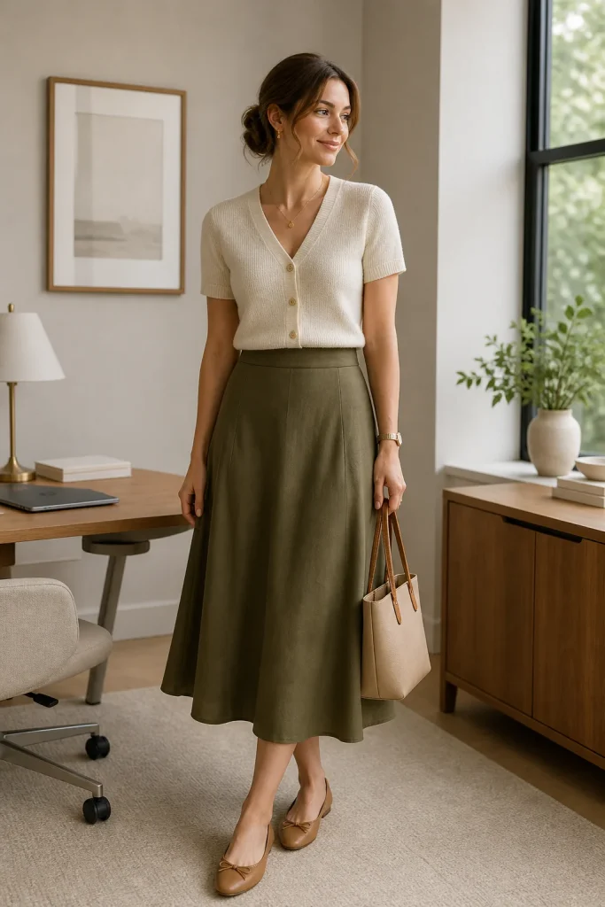 31 Summer Work Outfits That Look Polished and Feel Cool All Day 16 Short Sleeve Cardigan with an A Line Skirt