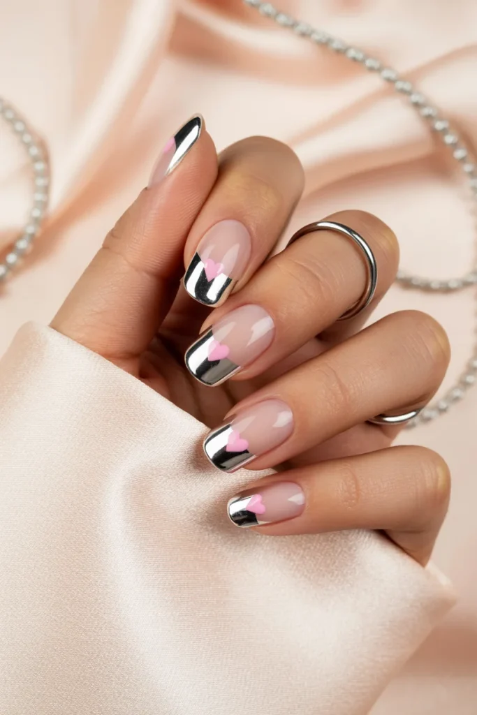 26 February Nail Designs That Will Make You Swoon 18 Silver Heart Chrome Tips