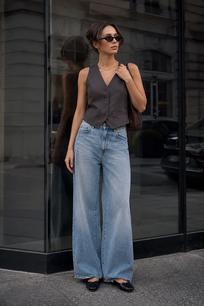 Sleeveless vest wide leg jeans ballet flats