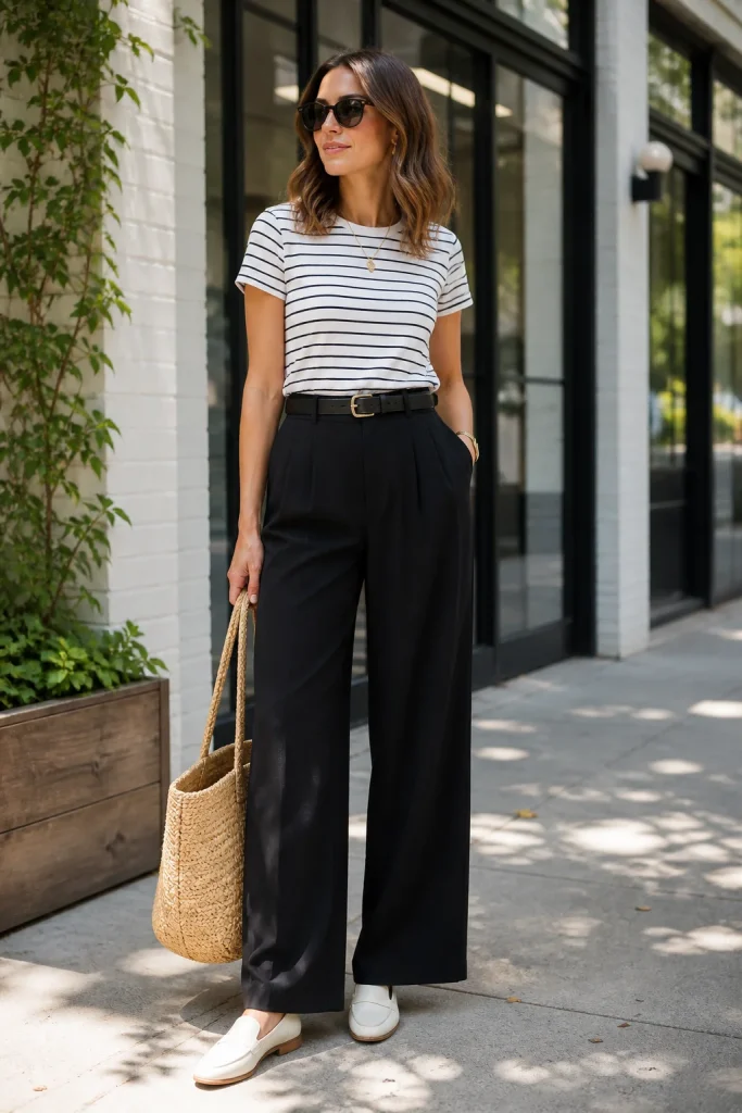 31 Summer Work Outfits That Look Polished and Feel Cool All Day 15 Striped Tee with Black Wide Leg Trousers