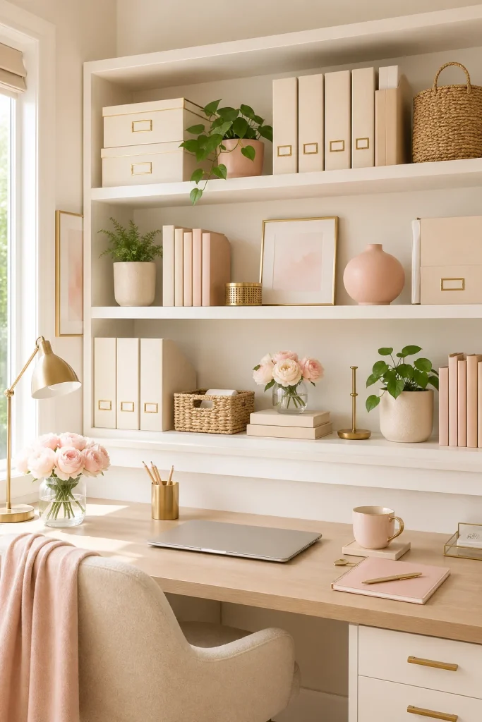 31 Feminine Home Office Ideas for a Chic, Functional Workspace 17 Use Matching Storage Boxes