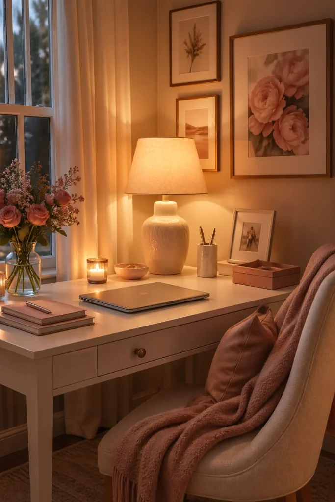 31 Feminine Home Office Ideas for a Chic, Functional Workspace 23 Use Soft Ambient Lighting for Evenings