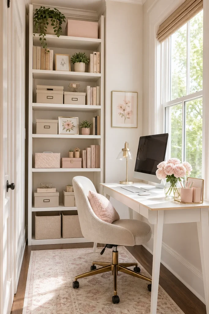 31 Feminine Home Office Ideas for a Chic, Functional Workspace 32 Use Vertical Space for Storage and Style