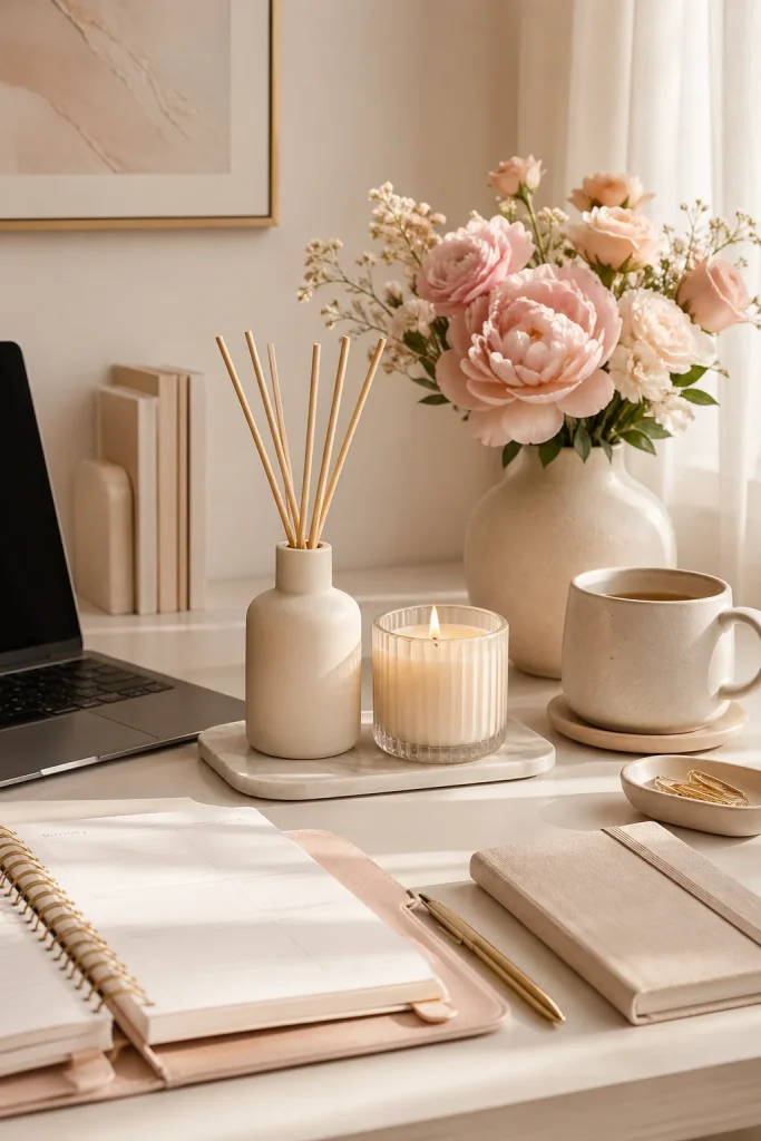 31 Feminine Home Office Ideas for a Chic, Functional Workspace 15 Use a Candle or Diffuser With a Light Scent
