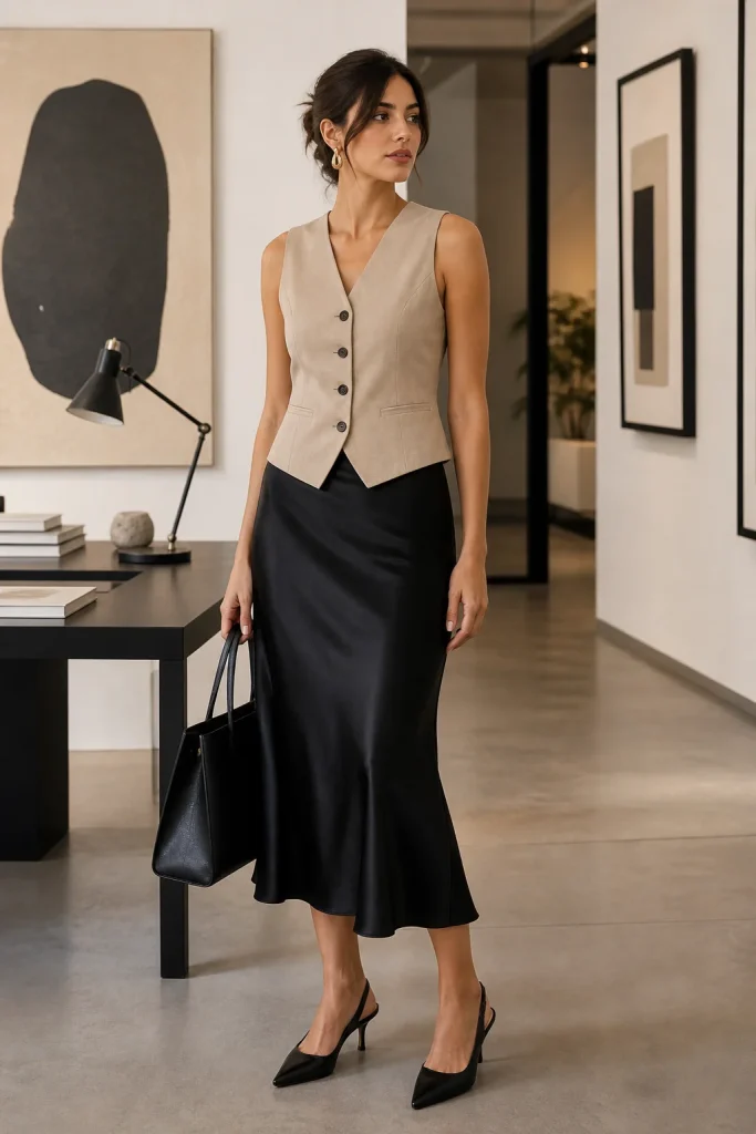 31 Summer Work Outfits That Look Polished and Feel Cool All Day 33 Waistcoat with a Satin Midi Skirt