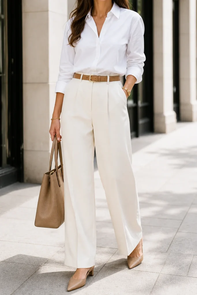 31 Summer Work Outfits That Look Polished and Feel Cool All Day 5 White Button Up Shirt with Cream Wide Leg Trousers