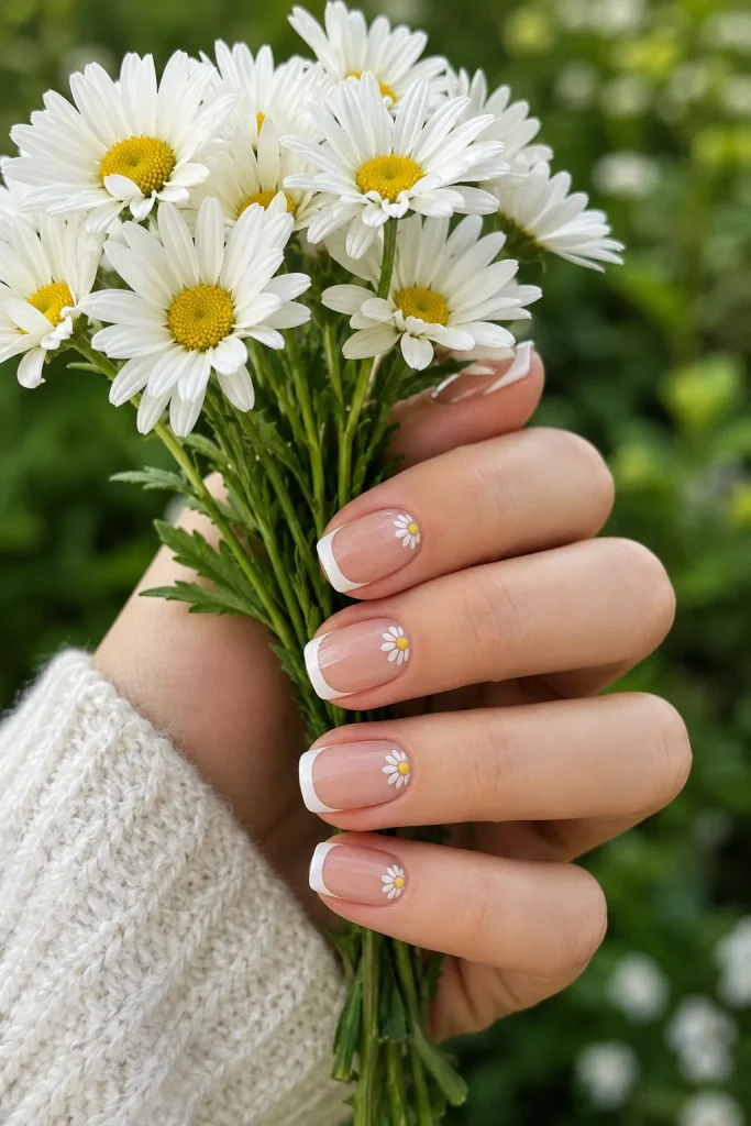 33 Cute Short Spring Nail Designs for Fresh Pretty Nails 16 White Daisy French Tips
