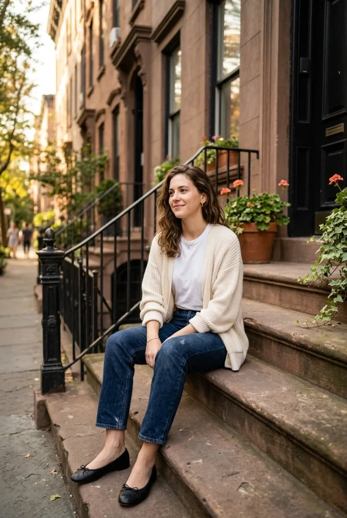 35 Effortlessly Chic Fall Outfits You’ll Wear on Repeat This Season 38 White Tee With Cardigan Dark Denim And Ballet Flats