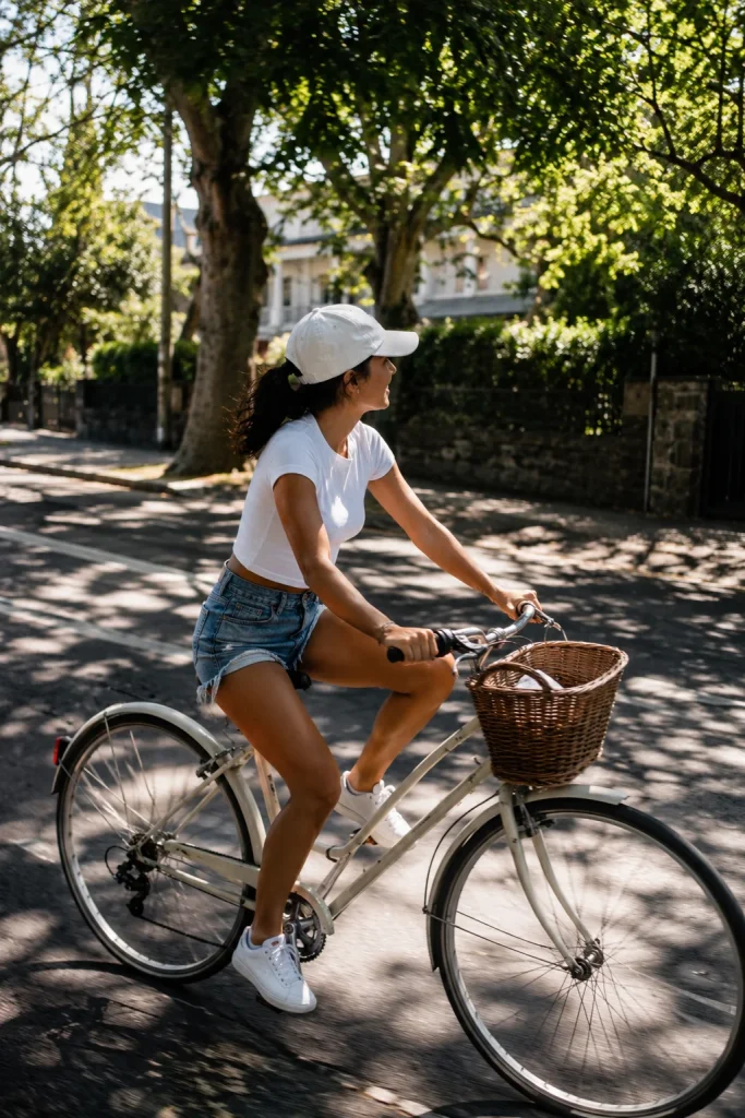 White baby tee denim shorts baseball cap
