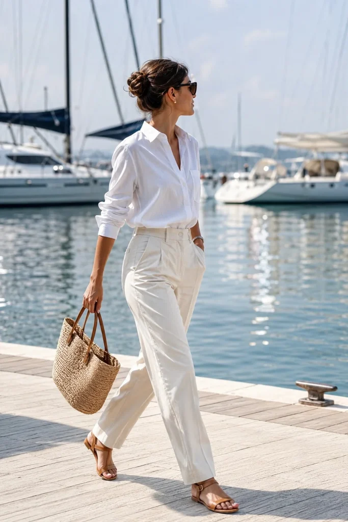 White button up cream trousers tan sandals