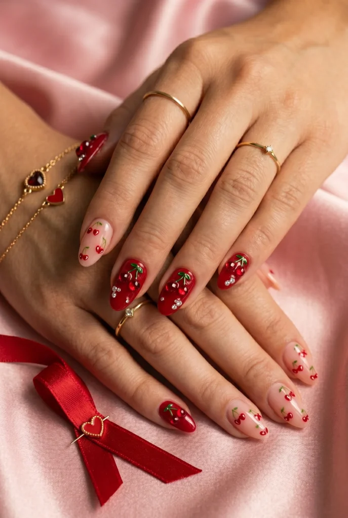 28 Trendy Red Cherry Nail Ideas That Look Playful and Chic 19 3D Cherry Gem Nails