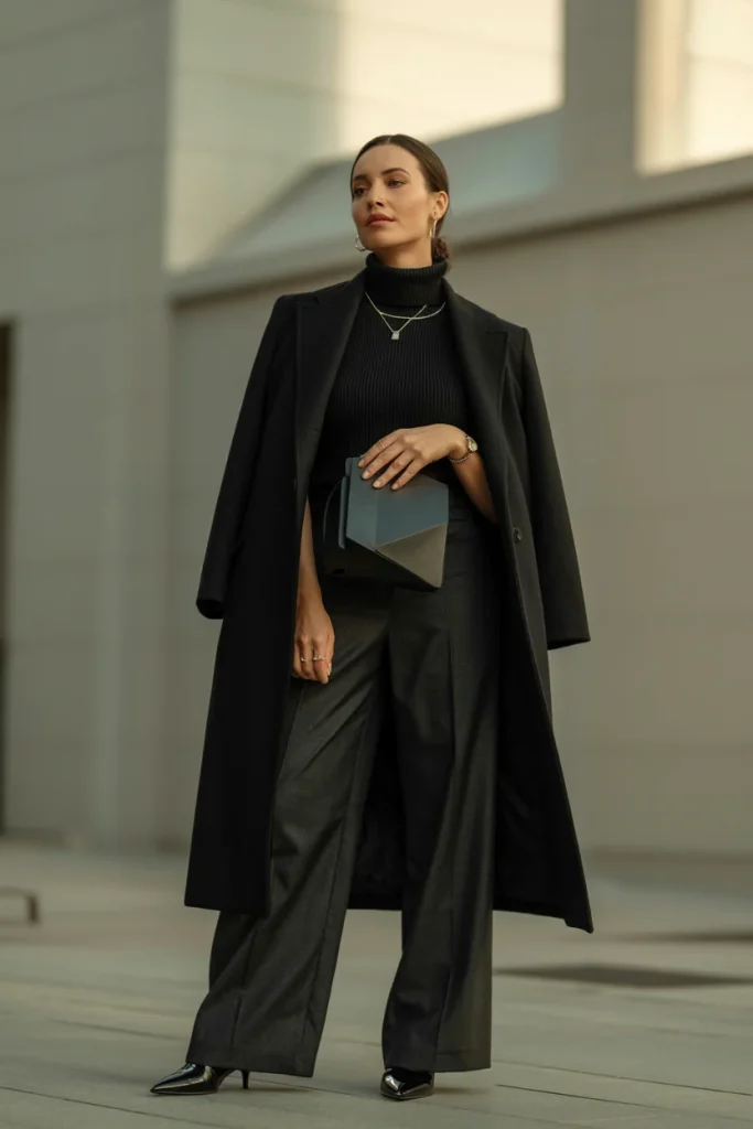 33 Winter Date Outfits That Feel Romantic, Warm, and Stunning 32 All Black Coat and Wide Leg Pants