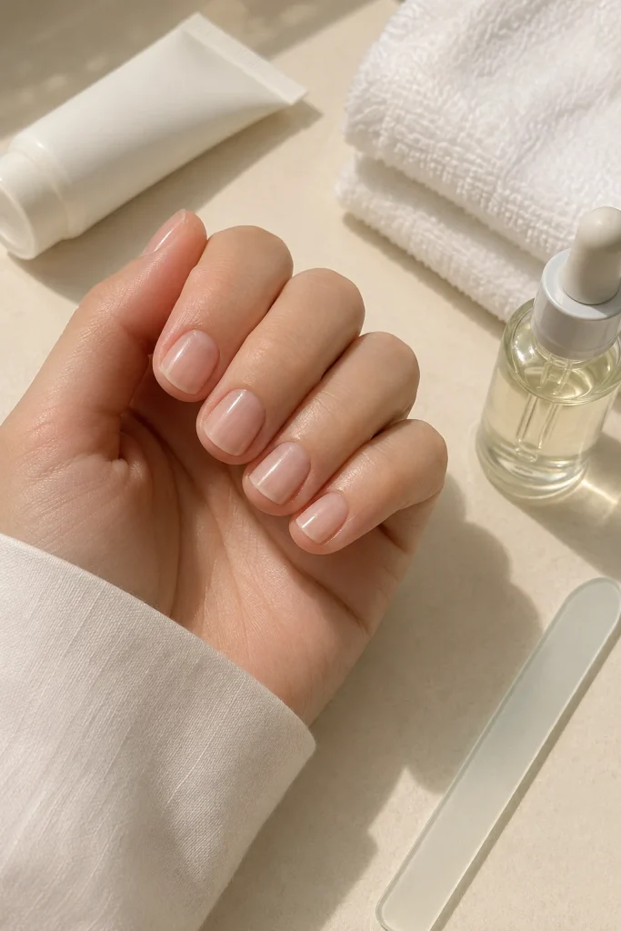 Bare Natural Nails with a Glossy Top Coat