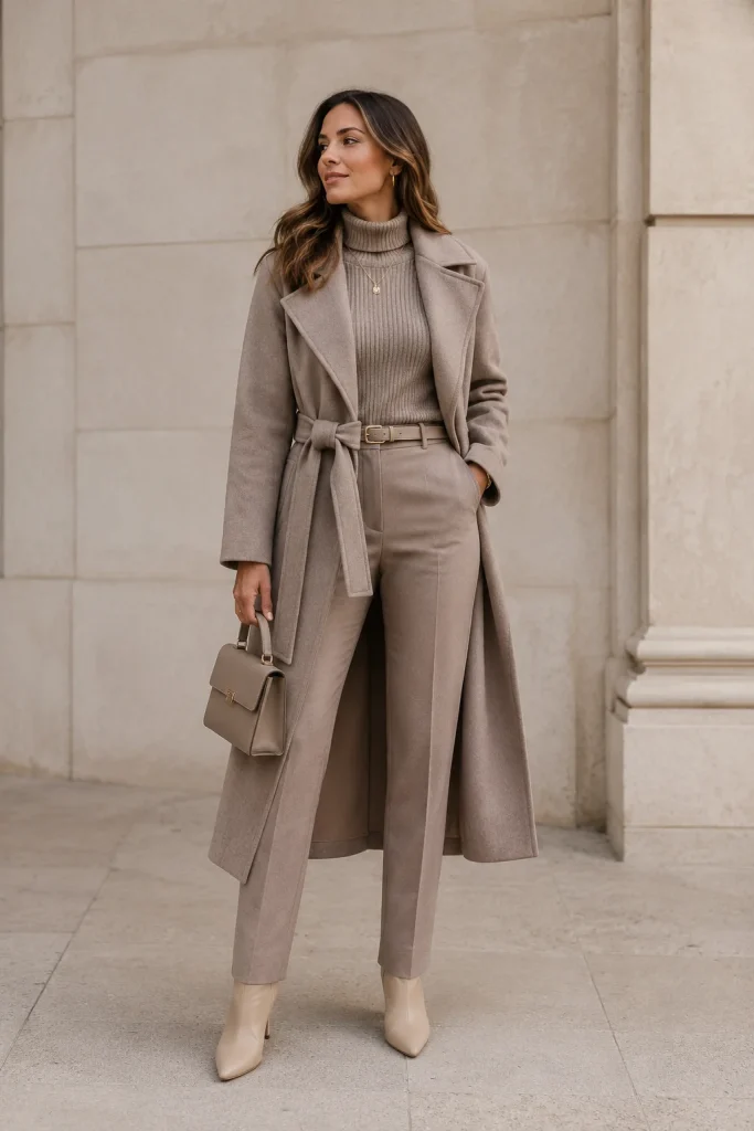Belted Coat with a Monochrome Base