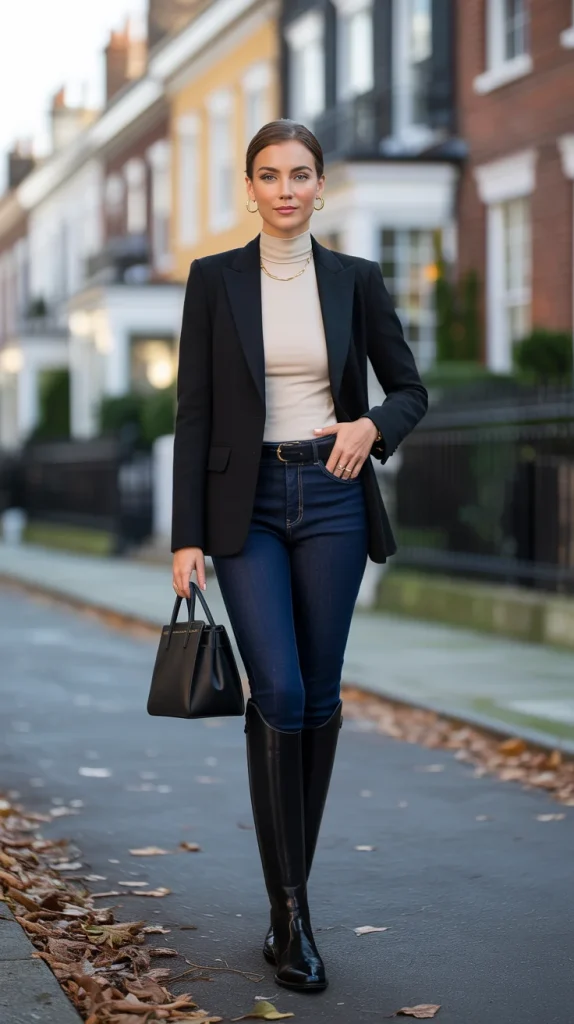 31 Old Money Fall Outfits That Look Effortlessly Expensive 8 Black Blazer Cream Turtleneck Dark Jeans and Riding Boots
