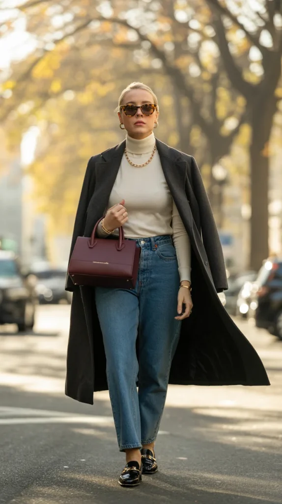 31 Old Money Fall Outfits That Look Effortlessly Expensive 19 Black Coat Burgundy Bag Straight Jeans and Polished Flats