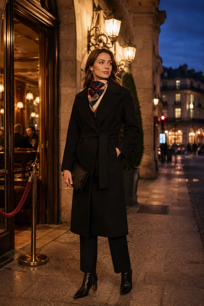Black Coat Heeled Boots and a Silk Scarf for Evening
