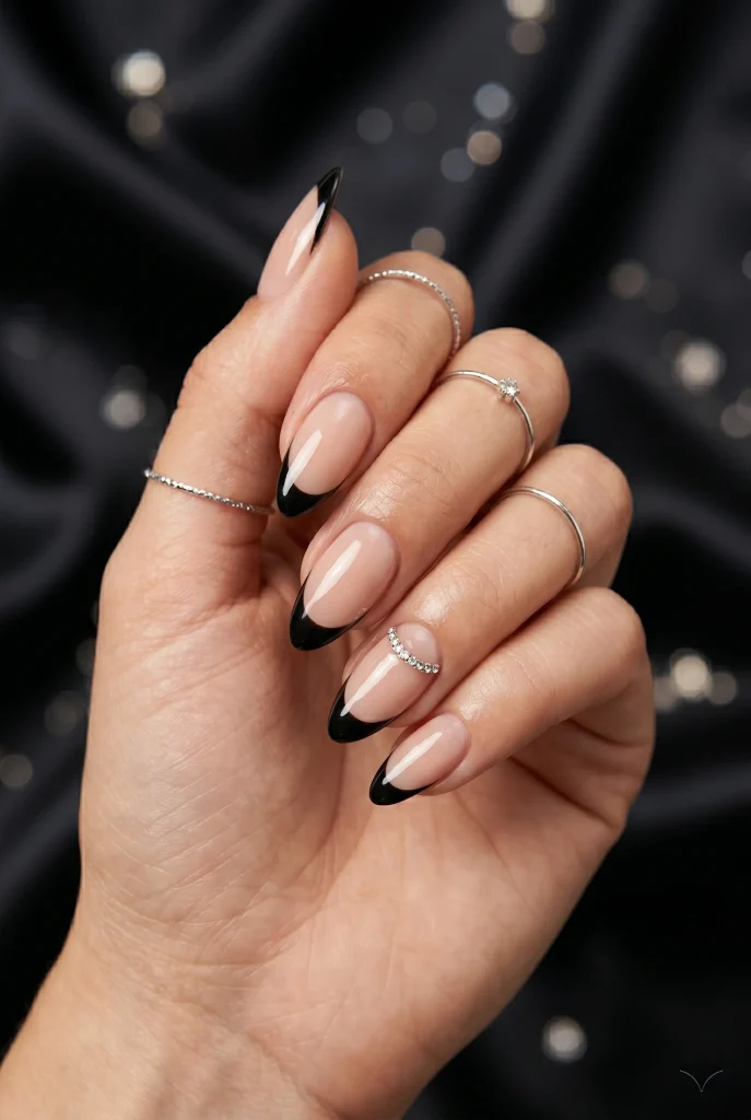 Black French Tips with a Crystal Line