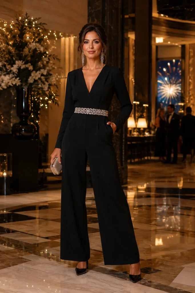 Black Jumpsuit with a Crystal Belt