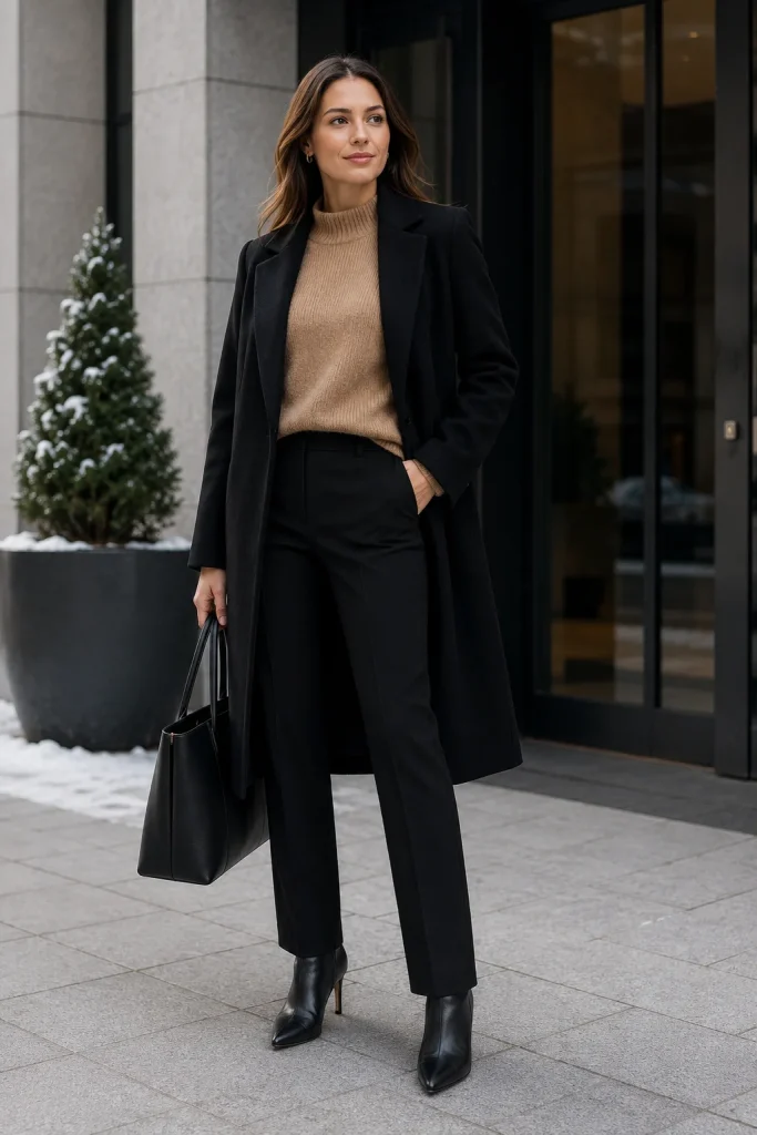 Black Trousers with a Camel Sweater