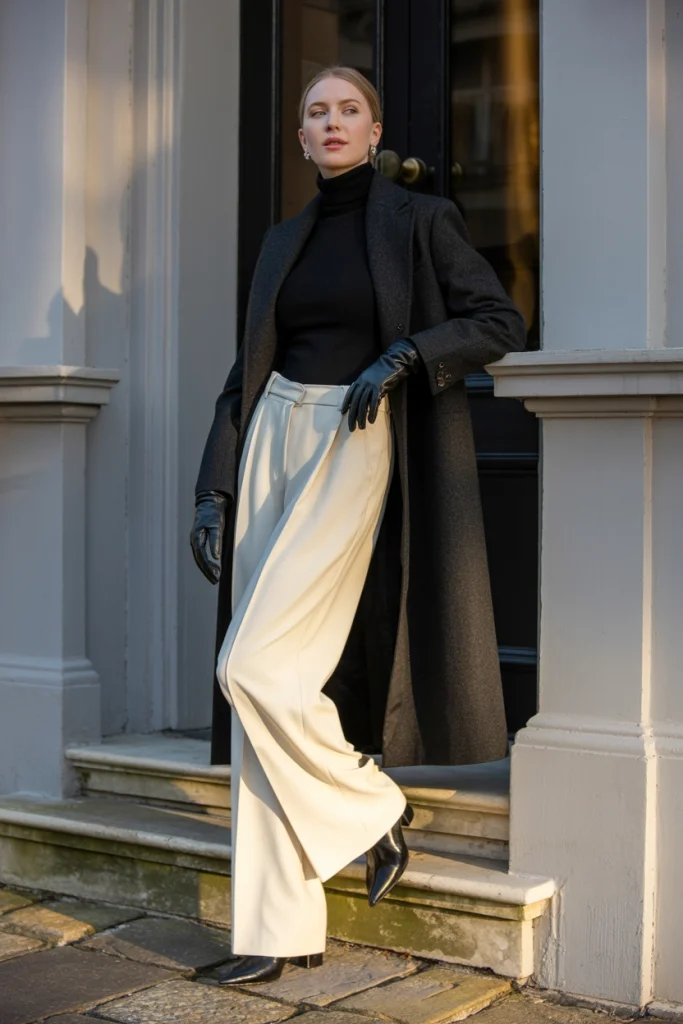 Black Turtleneck Ivory Trousers and a Long Wool Coat