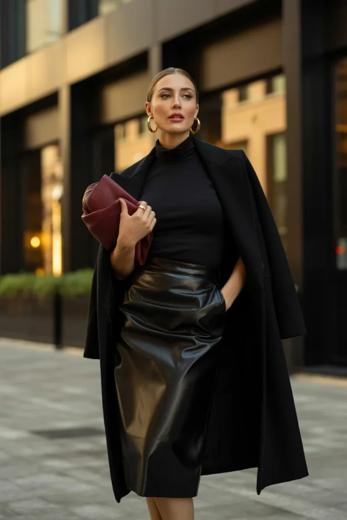 33 Winter Date Outfits That Feel Romantic, Warm, and Stunning 7 Black Turtleneck and Leather Midi Skirt