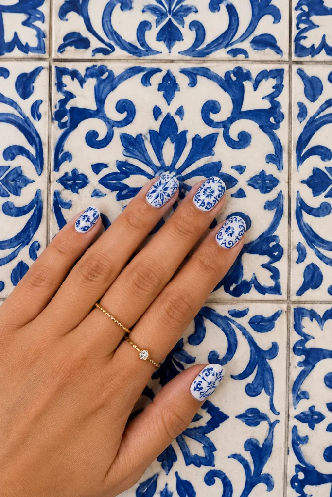 31 August Nail Ideas to Close Out Summer in Total Style 25 Blue and White Tile Nails
