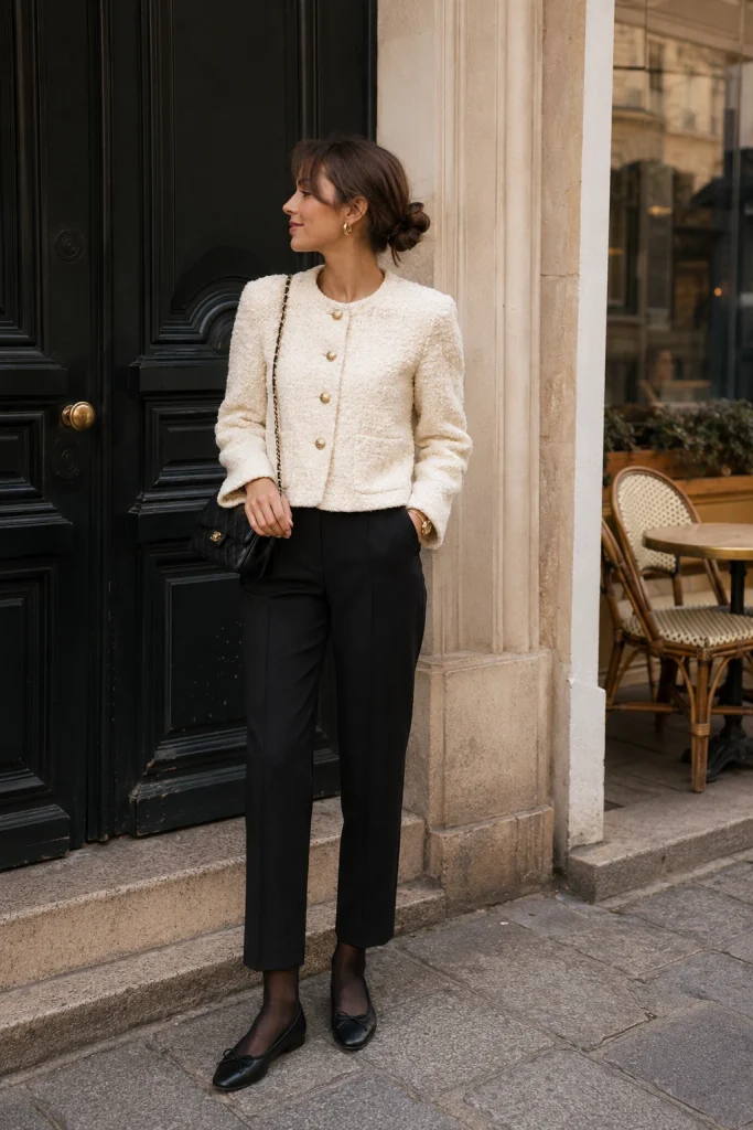 Boucle Jacket Black Trousers and Ballet Flats