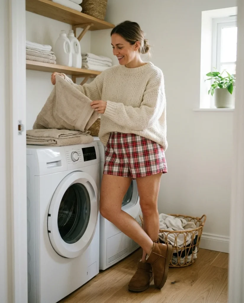 33 Ugg Outfit Ideas That Are Cozy, Cute, and Easy to Wear 31 Boxer Shorts Knit Sweater and Ultra Mini Uggs