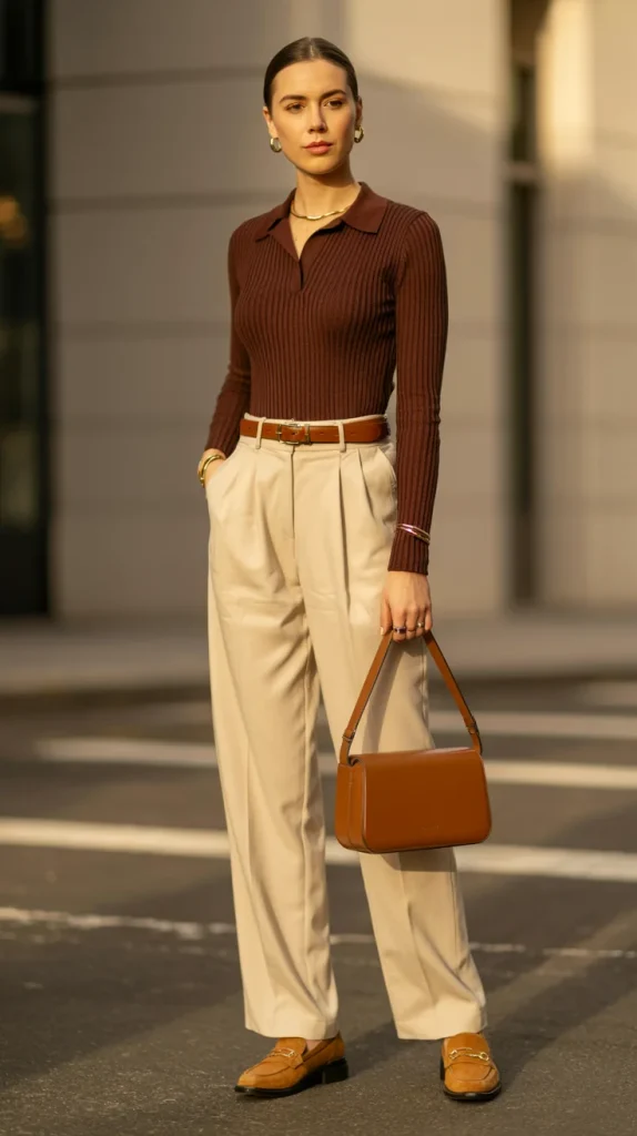 31 Old Money Fall Outfits That Look Effortlessly Expensive 15 Brown Knit Polo Pleated Trousers and Suede Loafers