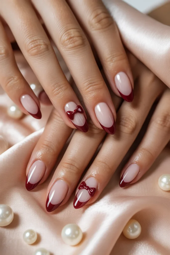 Burgundy Bow French Tips