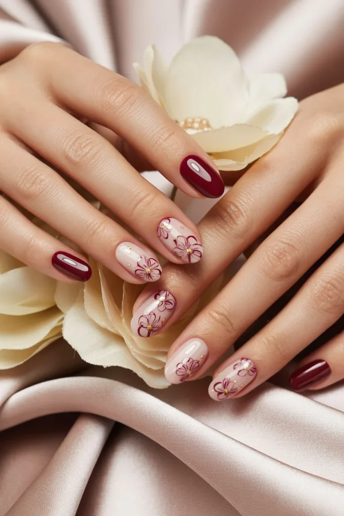 Burgundy Floral Nails