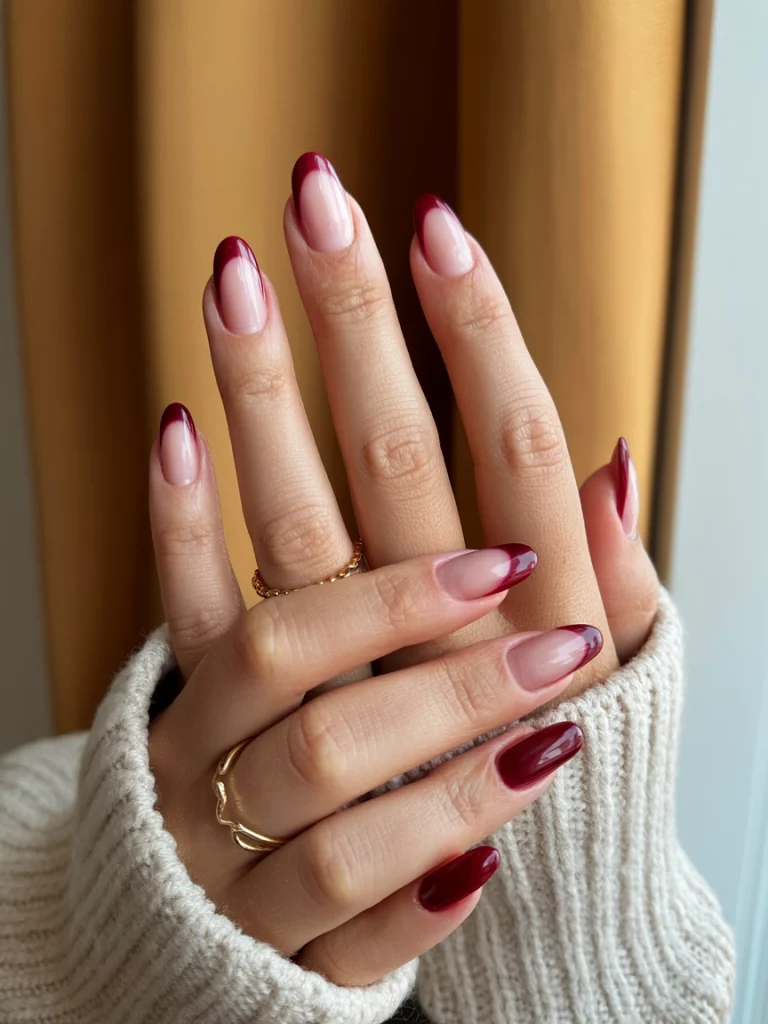 26 Fall French Tip Nail Ideas That Feel Fresh and Modern 4 Burgundy French Tips