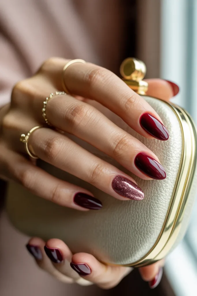 Burgundy Glitter Accent Nails