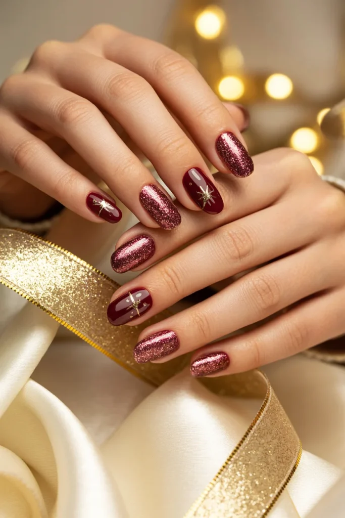 Burgundy Holiday Sparkle Nails