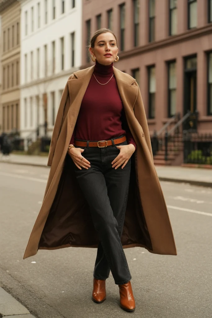 Burgundy Knit Camel Coat and Dark Denim