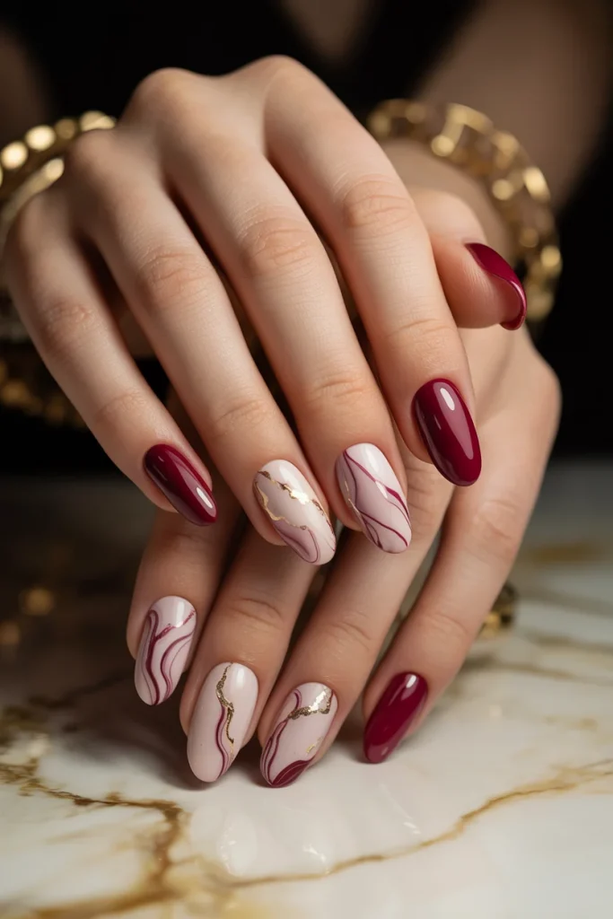 Burgundy Marble Nails