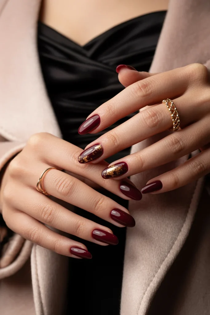 29 November Nail Ideas for the Coziest Fall Manicure 31 Burgundy Nails with Gold Foil
