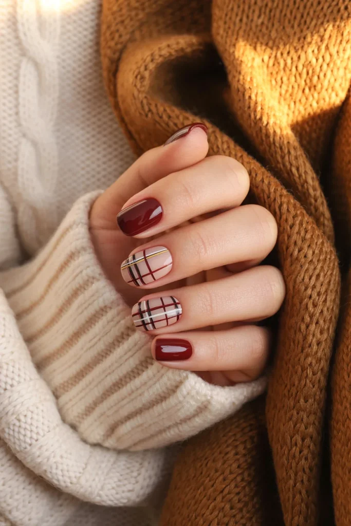 Burgundy Plaid Nails
