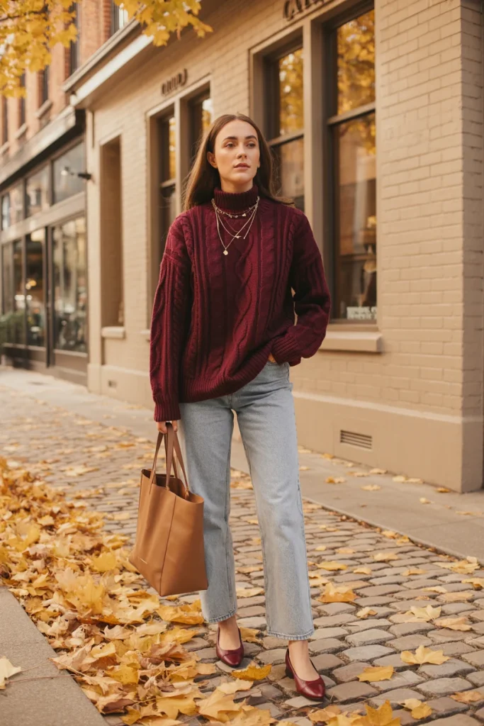 34 Casual Fall Outfits That Look Laid-Back, Chic, and Easy to Copy 8 Burgundy Sweater Light Jeans and Matching Loafers