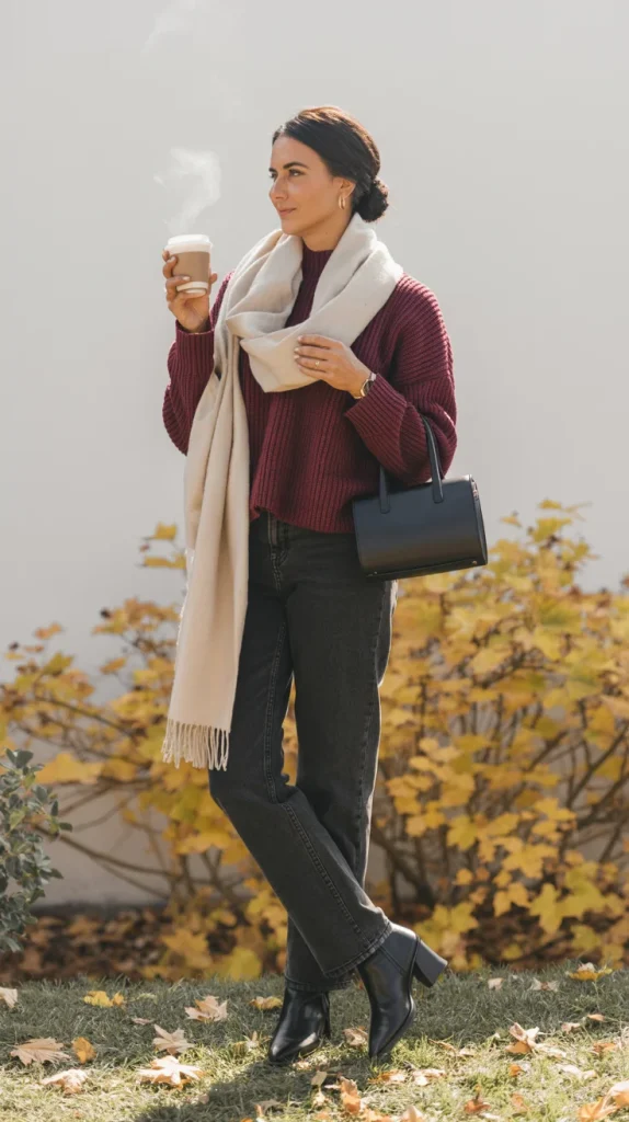 28 Chic and Cozy Fall Outfits You’ll Want to Copy This Season 7 Burgundy Sweater With Dark Straight Jeans