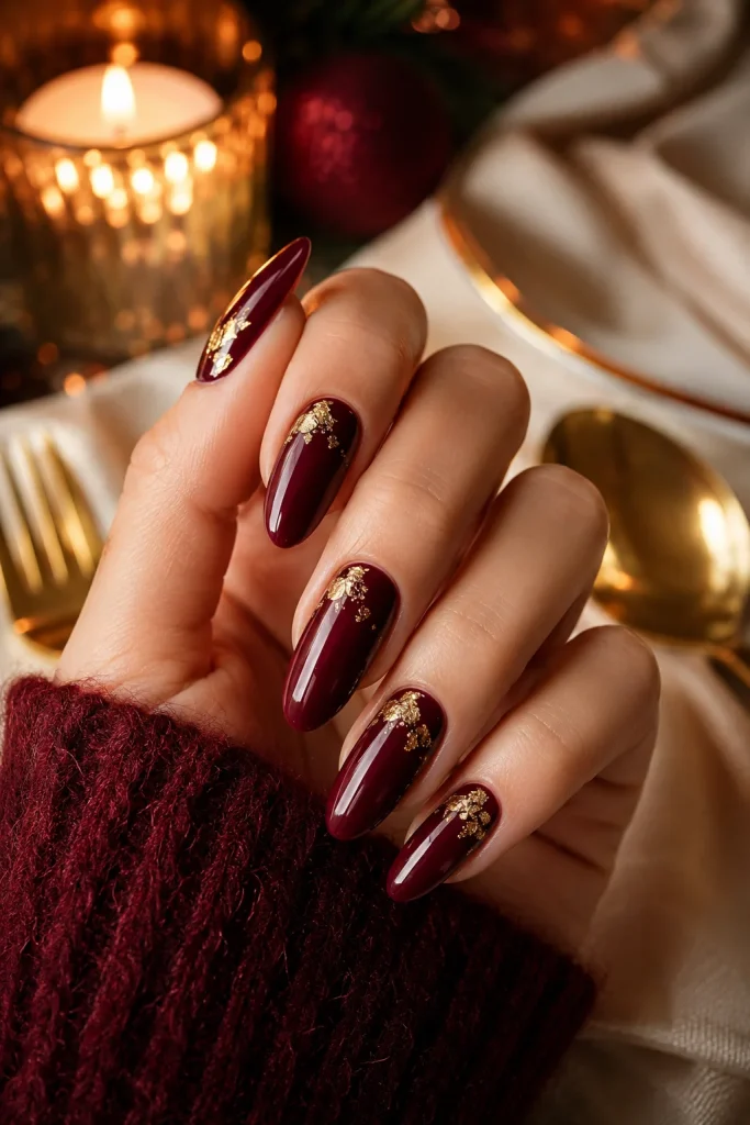 Burgundy Wine Nails with Gold Foil