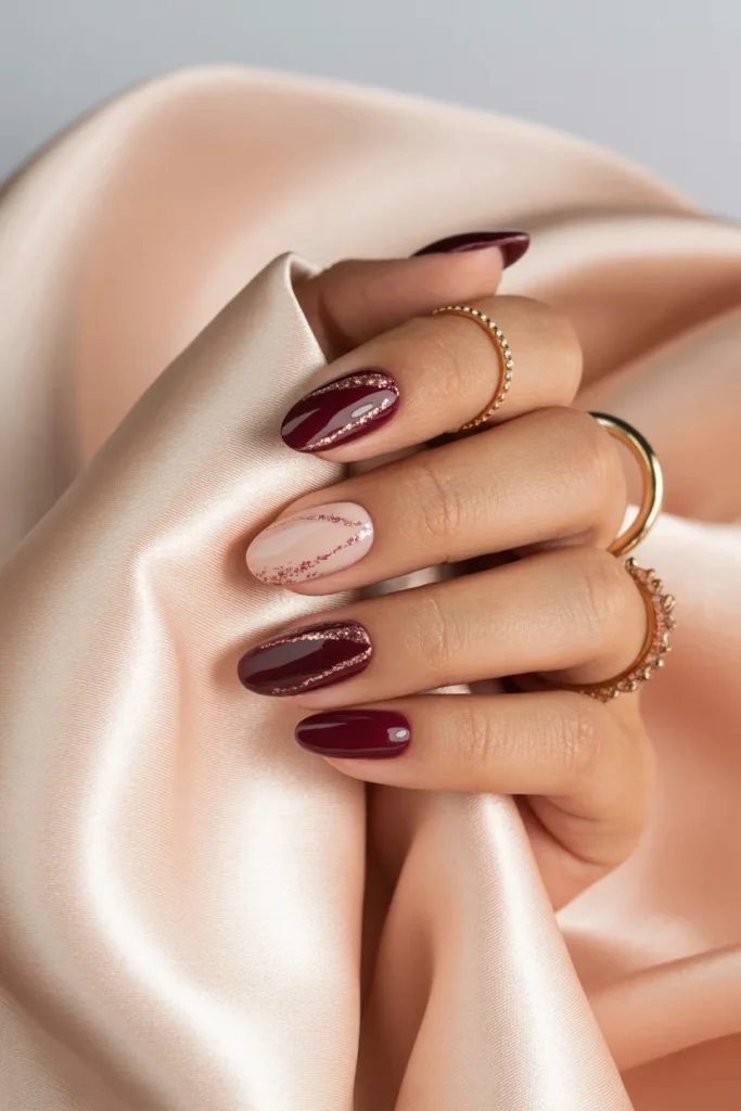 Burgundy and Rose Gold Nails
