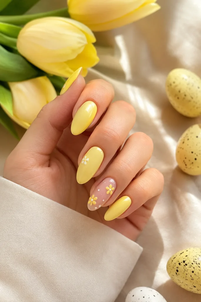 29 Pastel Easter Nail Ideas That Look Sweet, Soft, and So Pretty 11 Butter Yellow Floral Nails