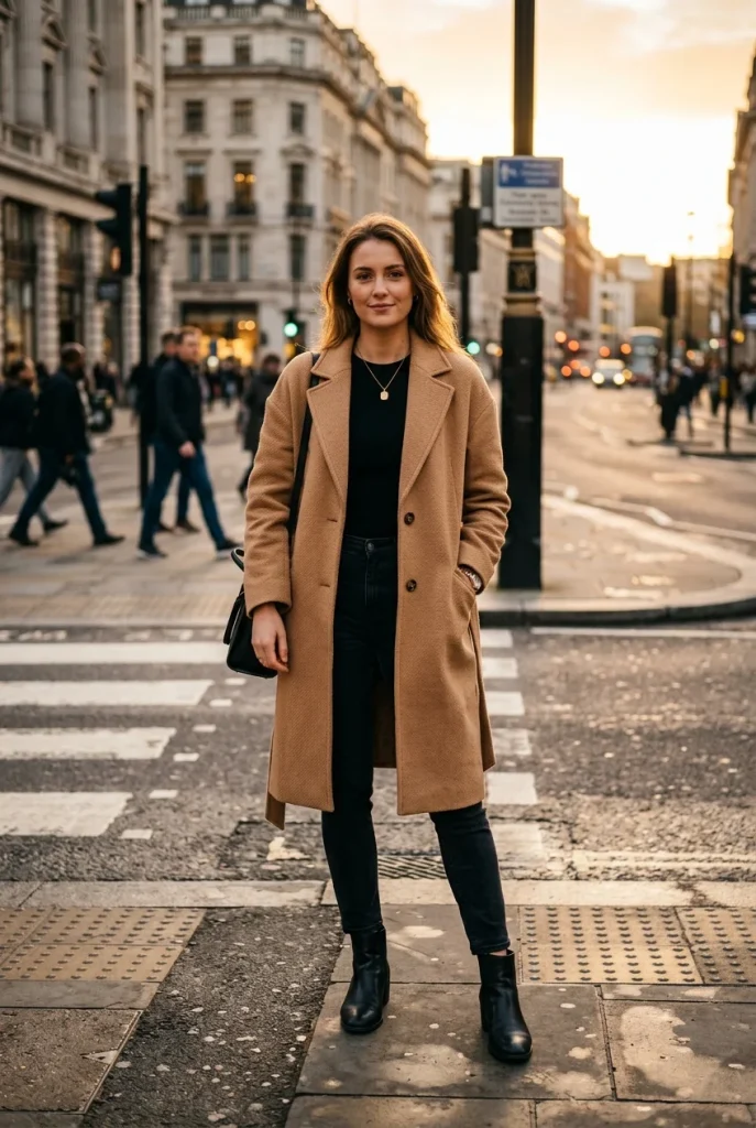 32 Fall Date Night Outfits That Feel Romantic, Cozy, and Chic 8 Camel Coat With Black Jeans and a Fitted Top