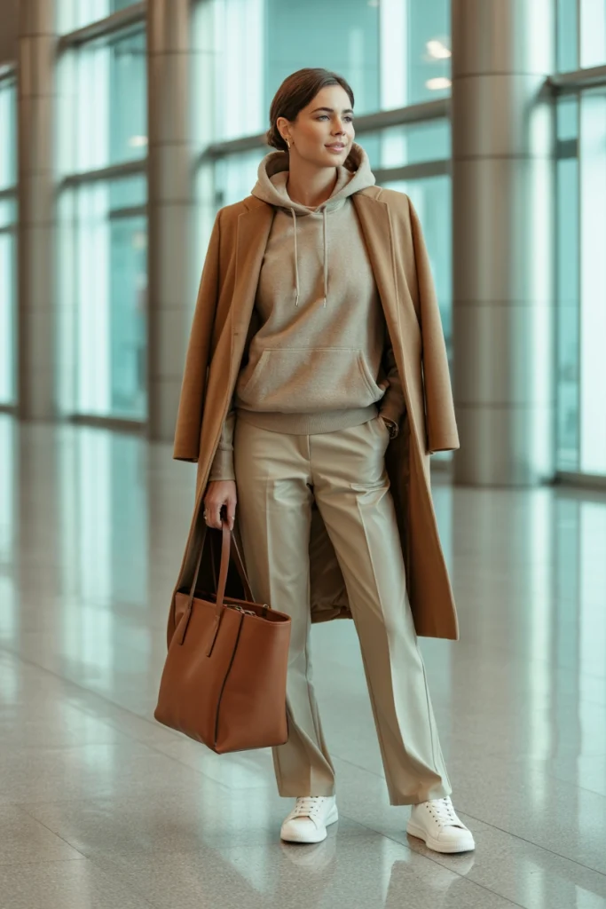 Cashmere Style Hoodie Tailored Coat and Clean Sneakers